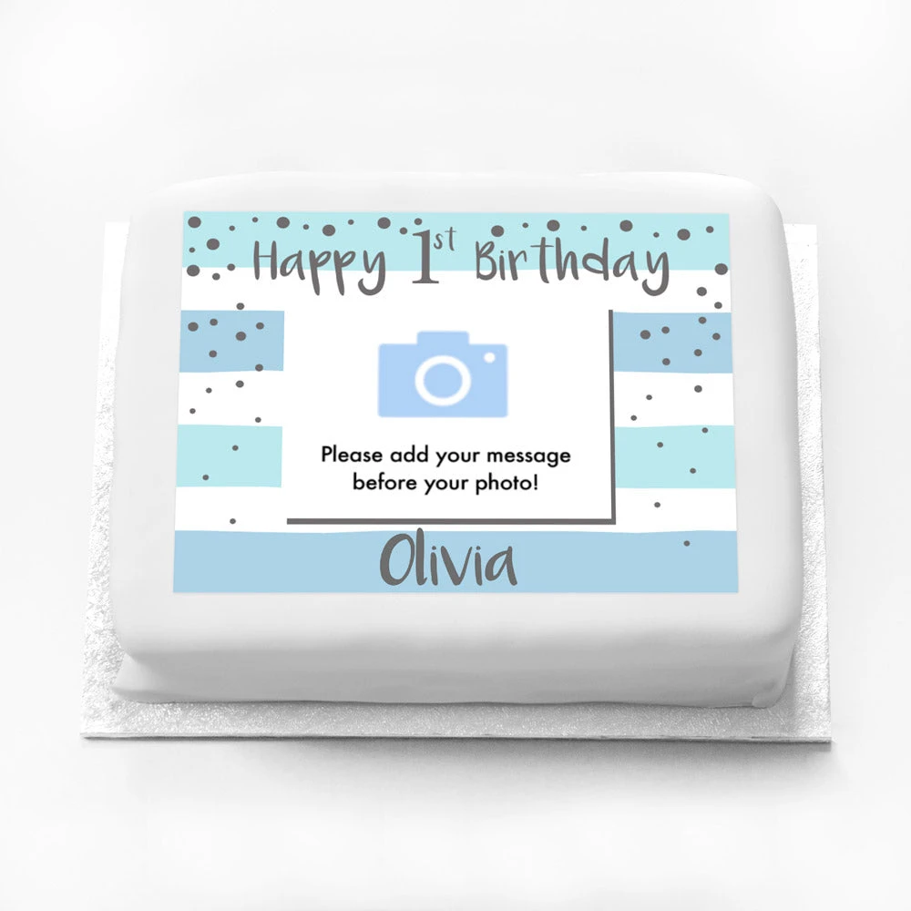 Personalised Photo Cake - Silver & Blue 1st Birthday Celebration 2 Personalised Photo Cake - Silver & Blue 1st Birthday Celebration - Image 2