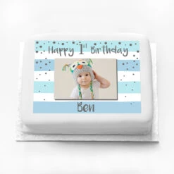 Personalised Photo Cake - Silver & Blue 1st Birthday Celebration