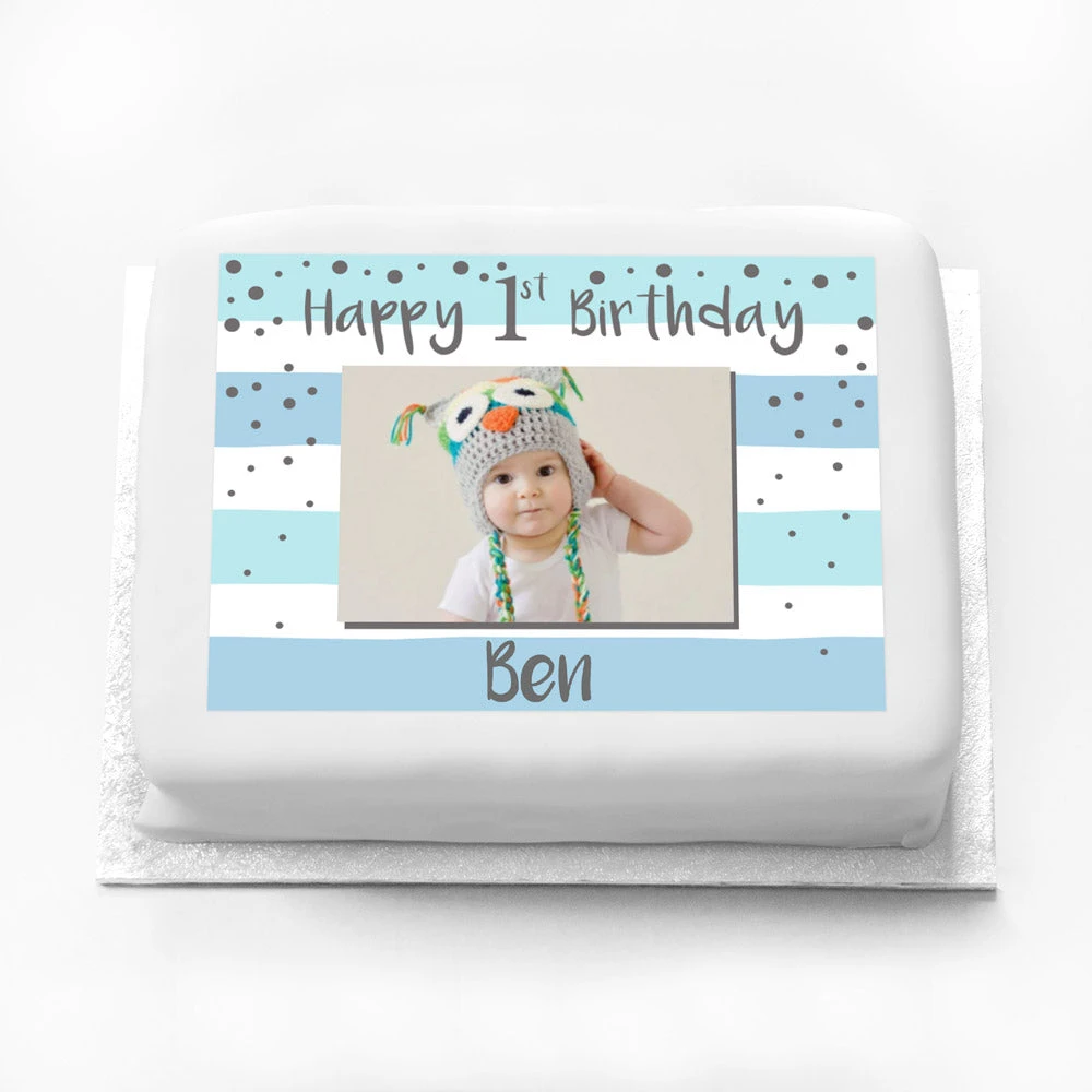 Personalised Photo Cake - Silver & Blue 1st Birthday Celebration 1 Personalised Photo Cake - Silver & Blue 1st Birthday Celebration
