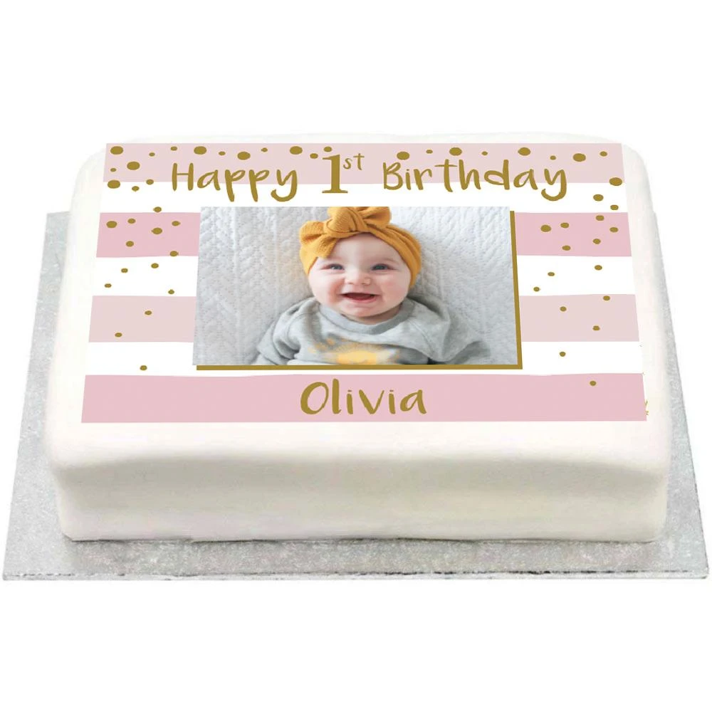 Personalised Photo Cake - Gold & Pink 1st Birthday Celebration 1 Personalised Photo Cake - Gold & Pink 1st Birthday Celebration