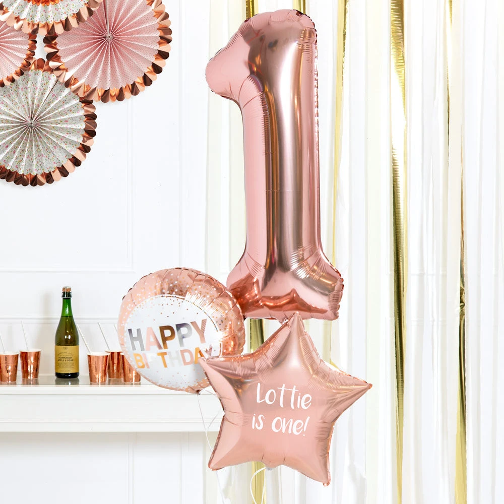 Personalised Inflated Balloon Bouquet In A Box - Rose Gold 1st Birthday 1 Personalised Inflated Balloon Bouquet In A Box - Rose Gold 1st Birthday