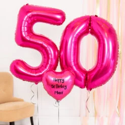 50th Birthday Balloons - Personalised Inflated Balloon Bouquet Pink