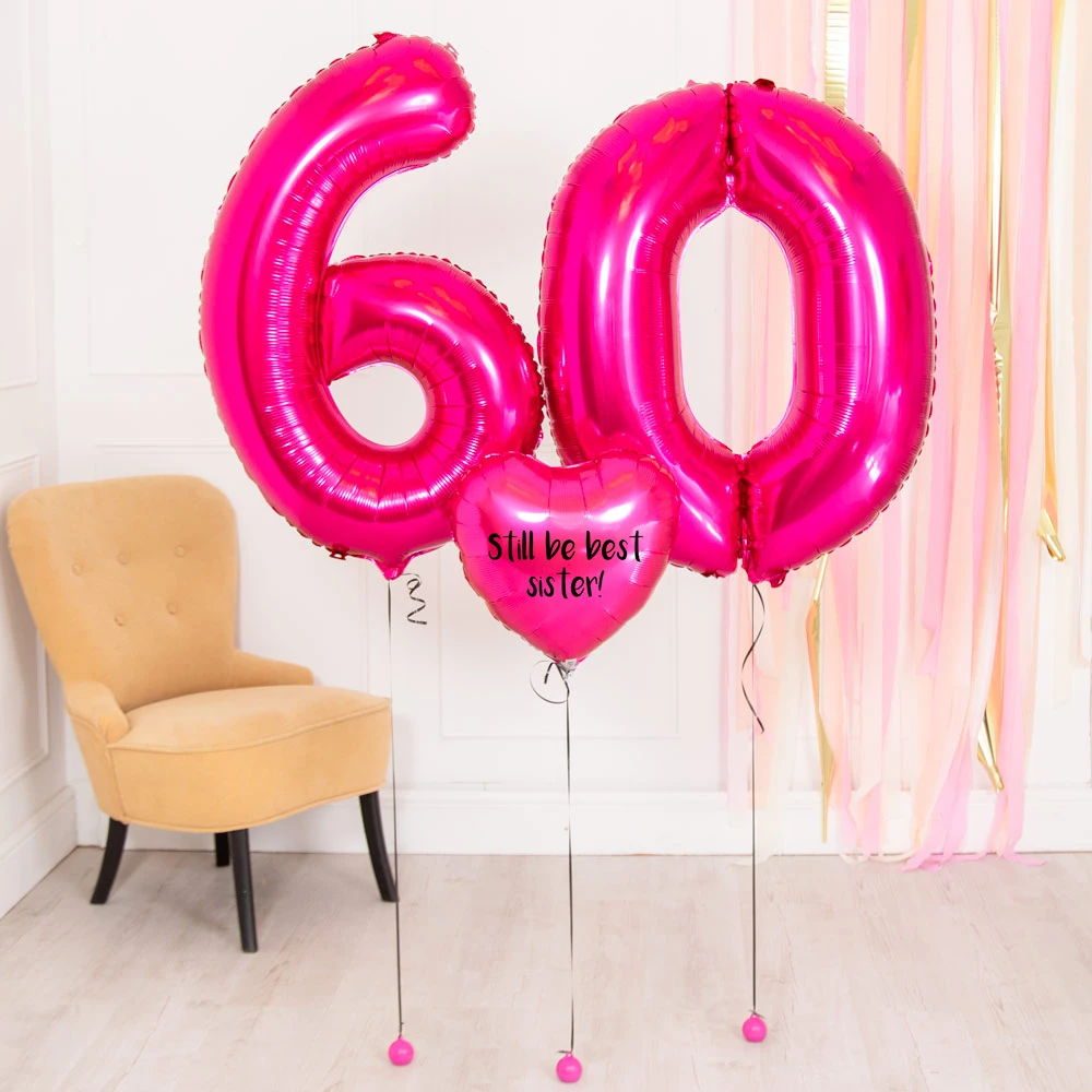 60th Birthday Balloons - Personalised Inflated Balloon Bouquet Pink 2 60th Birthday Balloons - Personalised Inflated Balloon Bouquet Pink - Image 2