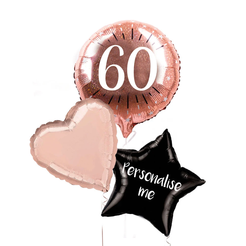Personalised Inflated Balloon Bunch - Rose Gold 60th Birthday 1 Personalised Inflated Balloon Bunch - Rose Gold 60th Birthday