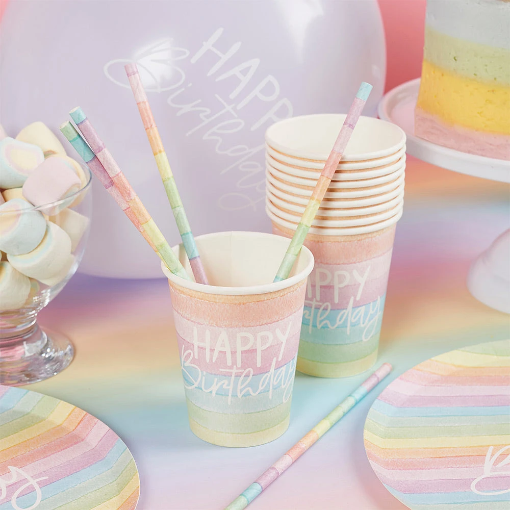 Pastel Rainbow Birthday Eco Paper Cups (x8) 1 Pastel Rainbow Birthday Eco Paper Cups (x8)