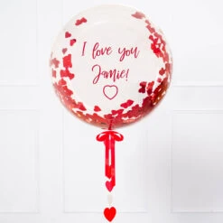 Personalised Heart Filled Bubble Balloon In A Box –Confetti -Decorations Party Shop Heart Confetti close up script 1