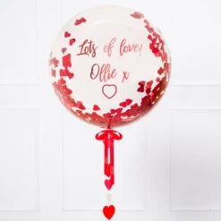 Personalised Heart Filled Bubble Balloon In A Box –Confetti -Decorations Party Shop Heart Confetti close up script