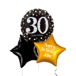 Personalised Inflated Balloon Bunch -Black & Gold Sparkle 30th Birthday