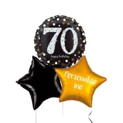 Personalised Inflated Balloon Bunch -Black & Gold Sparkle 70th Birthday