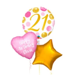 Personalised Inflated Balloon Bunch - Pink & Gold Dots 21st Birthday
