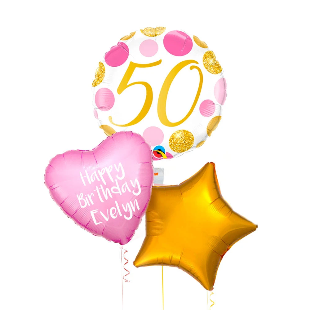 Personalised Inflated Balloon Bunch - Pink & Gold Dots 50th Birthday 1 Personalised Inflated Balloon Bunch - Pink & Gold Dots 50th Birthday