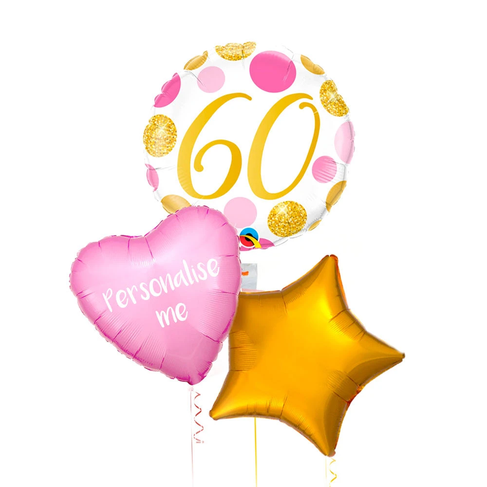 Personalised Inflated Balloon Bunch - Pink & Gold Dots 60th Birthday 2 Personalised Inflated Balloon Bunch - Pink & Gold Dots 60th Birthday - Image 2